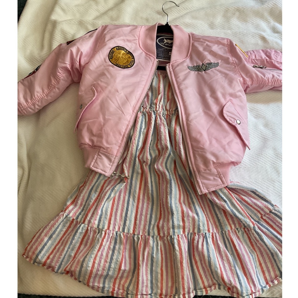 Up and Away Pink MA-1 Flight Jacket and Striped Ruffle Dress Set Girls Medium